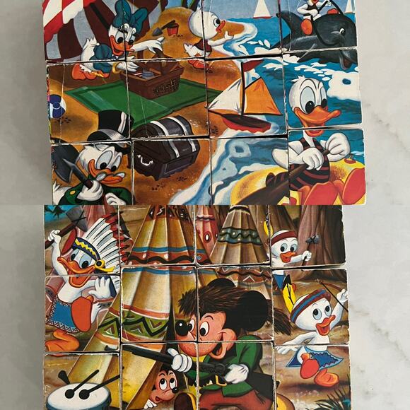 Disney Mickey Mouse Picture Cubes 12 Wood Blocks Puzzle Box Set 60s West Germany - Picture 11 of 13